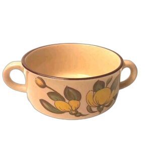 Stoneware Soup Bowl with Handles – Yellow Floral Design – Rustic Cottage Kitchen